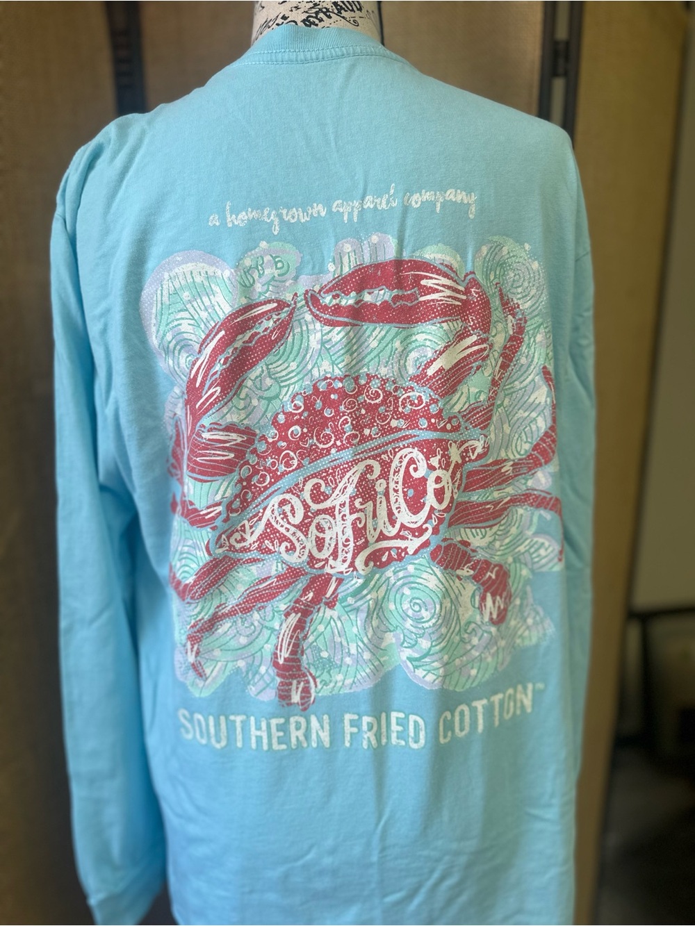 Southern Fried Cotton Aqua Long Sleeve Tee with Pink Crab Graphic
